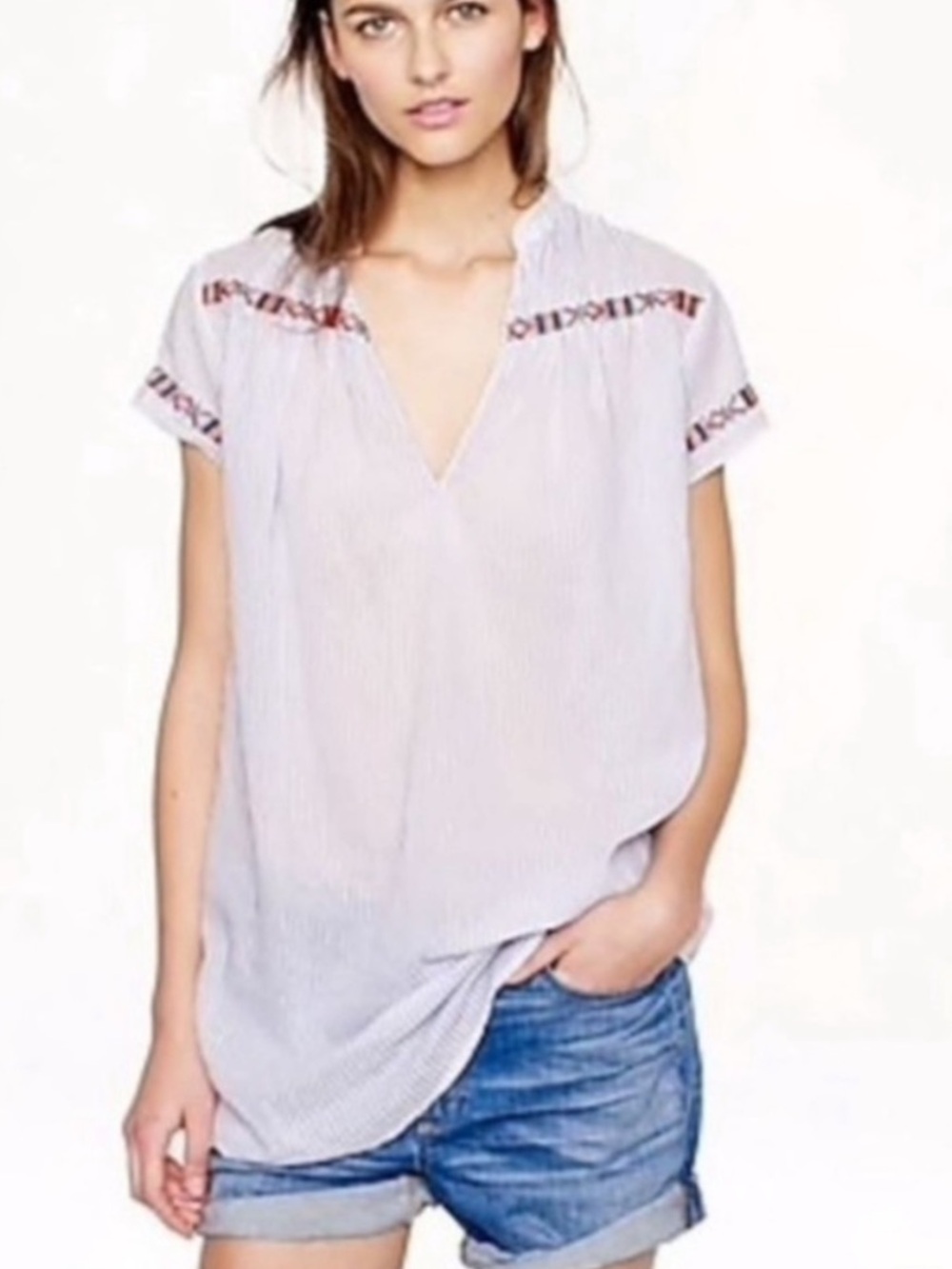 J. Crew Striped Embroidered Trim Tunic Top Gray & White Striped XS Western